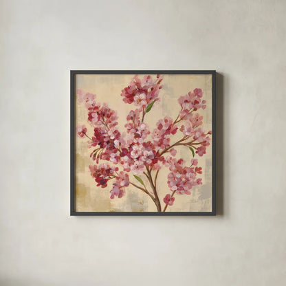 Pink Cherry Branch I by Silvia Vassileva. Shown in a sleek black glass frame for a contemporary gallery look. Available as an archival giclee rolled canvas, fine art paper, or poster print. SKU 9431a.