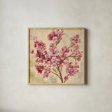 Pink Cherry Branch I by Silvia Vassileva. Shown in a natural wood glass frame for a timeless modern aesthetic. Available as an archival giclee rolled canvas, fine art paper, or poster print. SKU 9431a.