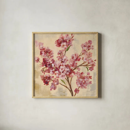 Pink Cherry Branch I by Silvia Vassileva. Shown in a natural wood glass frame for a timeless modern aesthetic. Available as an archival giclee rolled canvas, fine art paper, or poster print. SKU 9431a.