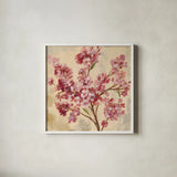 Pink Cherry Branch I by Silvia Vassileva. Shown in a crisp white glass frame for a clean and minimalist style. Available as an archival giclee rolled canvas, fine art paper, or poster print. SKU 9431a.