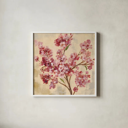 Pink Cherry Branch I by Silvia Vassileva. Shown in a crisp white glass frame for a clean and minimalist style. Available as an archival giclee rolled canvas, fine art paper, or poster print. SKU 9431a.