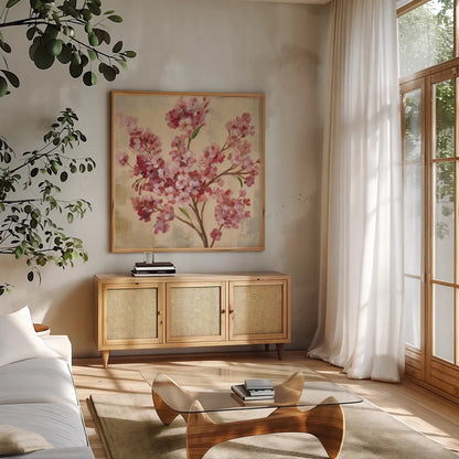 Pink Cherry Branch I by Silvia Vassileva. Shown in a natural wood frame in a cozy modern living room. Available as an archival giclee rolled canvas, fine art paper, or poster print. SKU 9431a.