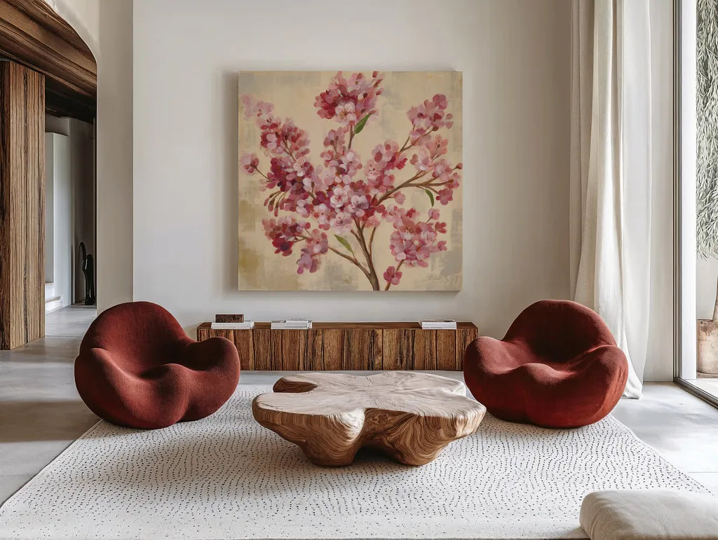 Pink Cherry Branch I by Silvia Vassileva. Shown as extra-large giant wall art in a modern living room. Available as an archival giclee rolled canvas, fine art paper, or poster print. SKU 9431a.