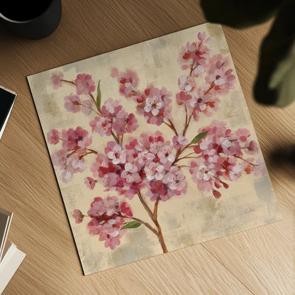 Pink Cherry Branch II by Silvia Vassileva. Shown as a detailed flat fine art print, highlighting archival giclee quality. Available as an archival giclee rolled canvas, fine art paper, or poster print. SKU 9432a.