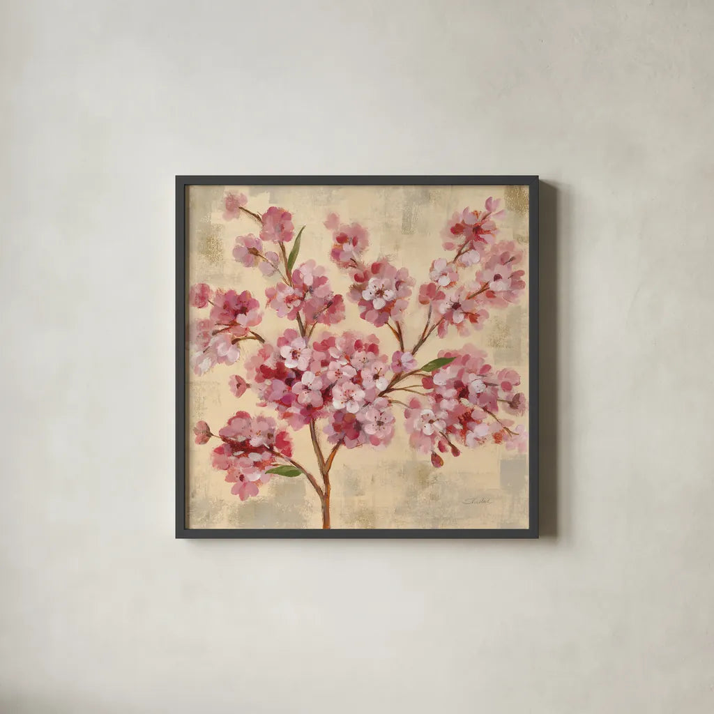 Pink Cherry Branch II by Silvia Vassileva. Shown in a sleek black glass frame for a contemporary gallery look. Available as an archival giclee rolled canvas, fine art paper, or poster print. SKU 9432a.