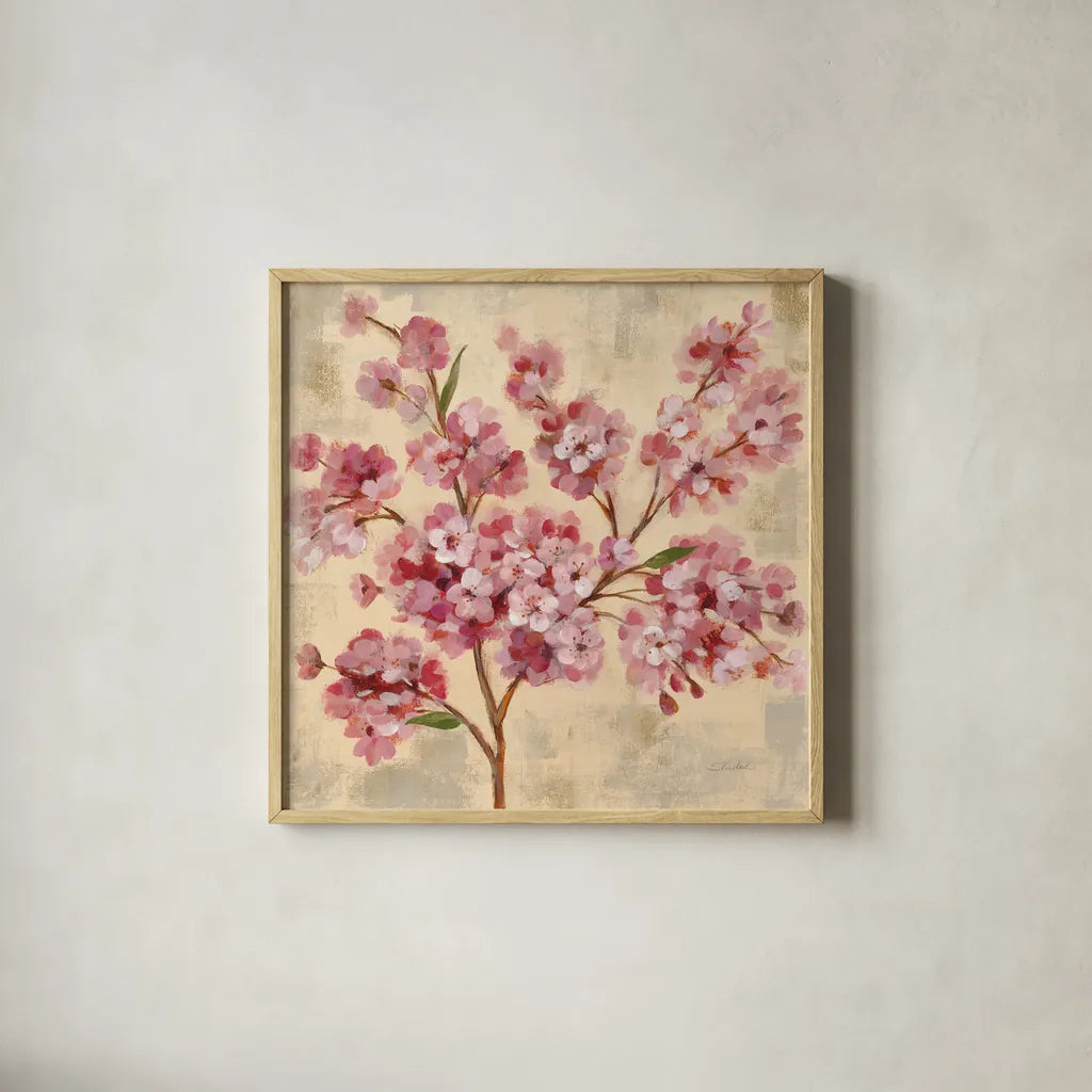 Pink Cherry Branch II by Silvia Vassileva. Shown in a natural wood glass frame for a timeless modern aesthetic. Available as an archival giclee rolled canvas, fine art paper, or poster print. SKU 9432a.