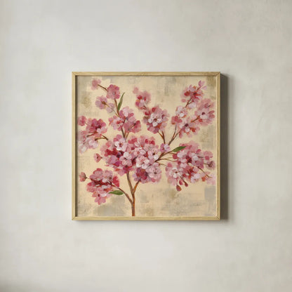 Pink Cherry Branch II by Silvia Vassileva. Shown in a natural wood glass frame for a timeless modern aesthetic. Available as an archival giclee rolled canvas, fine art paper, or poster print. SKU 9432a.