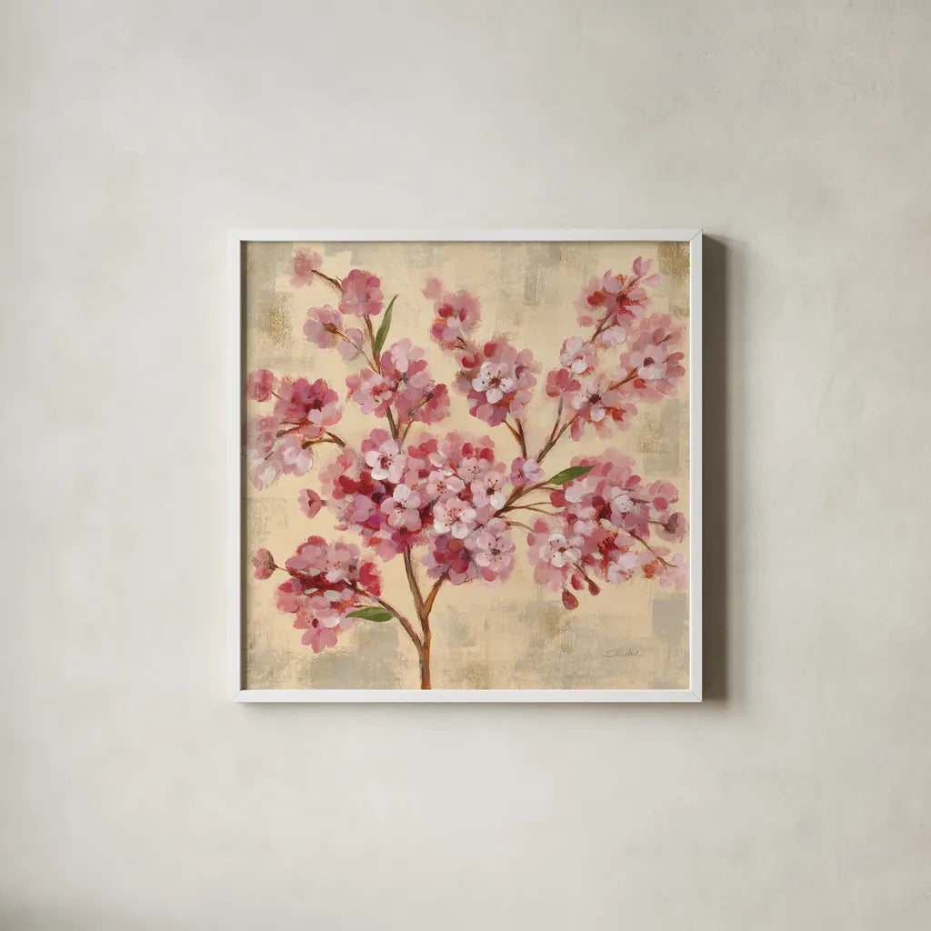 Pink Cherry Branch II by Silvia Vassileva. Shown in a crisp white glass frame for a clean and minimalist style. Available as an archival giclee rolled canvas, fine art paper, or poster print. SKU 9432a.