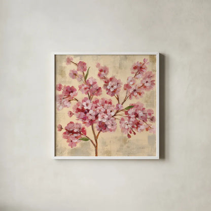 Pink Cherry Branch II by Silvia Vassileva. Shown in a crisp white glass frame for a clean and minimalist style. Available as an archival giclee rolled canvas, fine art paper, or poster print. SKU 9432a.