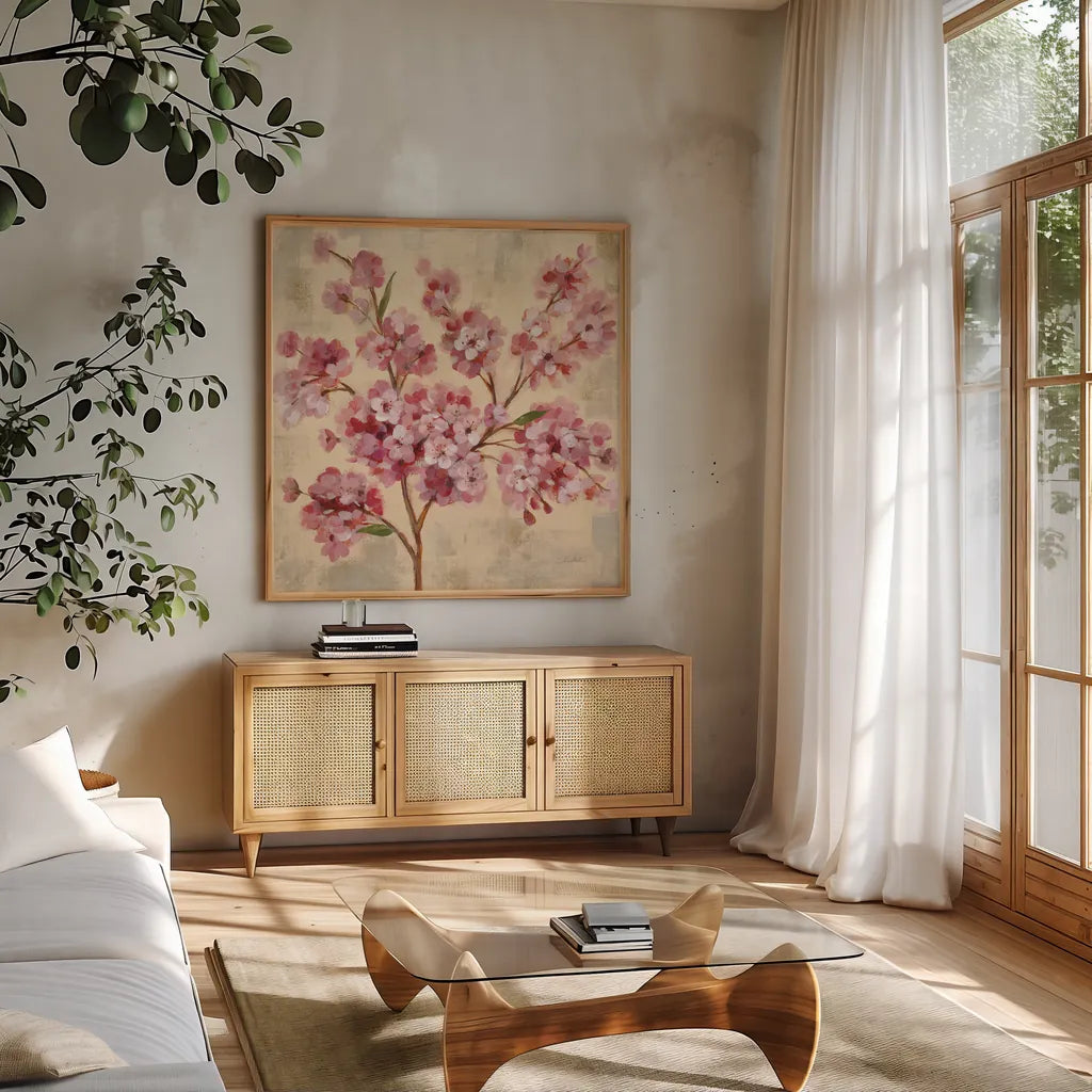 Pink Cherry Branch II by Silvia Vassileva. Shown in a natural wood frame in a cozy modern living room. Available as an archival giclee rolled canvas, fine art paper, or poster print. SKU 9432a.