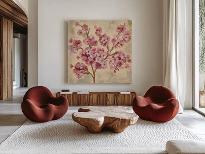 Pink Cherry Branch II by Silvia Vassileva. Shown as extra-large giant wall art in a modern living room. Available as an archival giclee rolled canvas, fine art paper, or poster print. SKU 9432a.