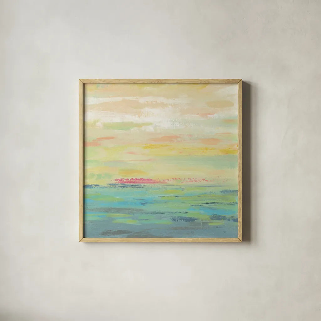 Pink Clouds I by Silvia Vassileva. Shown in a natural wood glass frame for a timeless modern aesthetic. Available as an archival giclee rolled canvas, fine art paper, or poster print. SKU 50284a.