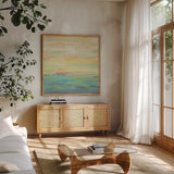 Pink Clouds I by Silvia Vassileva. Shown in a natural wood frame in a cozy modern living room. Available as an archival giclee rolled canvas, fine art paper, or poster print. SKU 50284a.