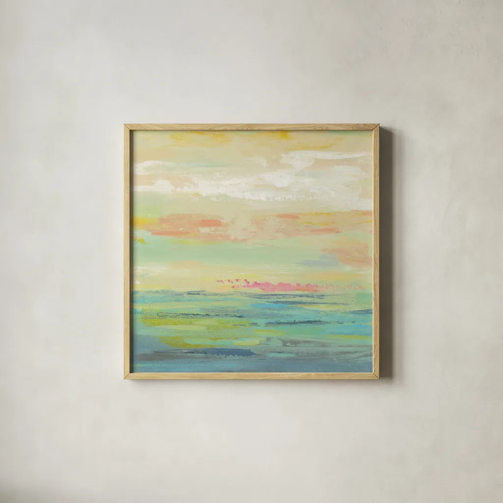Pink Clouds II by Silvia Vassileva. Shown in a natural wood glass frame for a timeless modern aesthetic. Available as an archival giclee rolled canvas, fine art paper, or poster print. SKU 50285a.