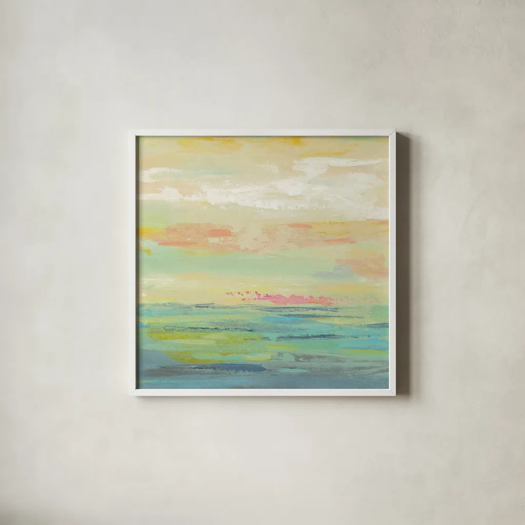 Pink Clouds II by Silvia Vassileva. Shown in a crisp white glass frame for a clean and minimalist style. Available as an archival giclee rolled canvas, fine art paper, or poster print. SKU 50285a.