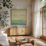 Pink Clouds II by Silvia Vassileva. Shown in a natural wood frame in a cozy modern living room. Available as an archival giclee rolled canvas, fine art paper, or poster print. SKU 50285a.