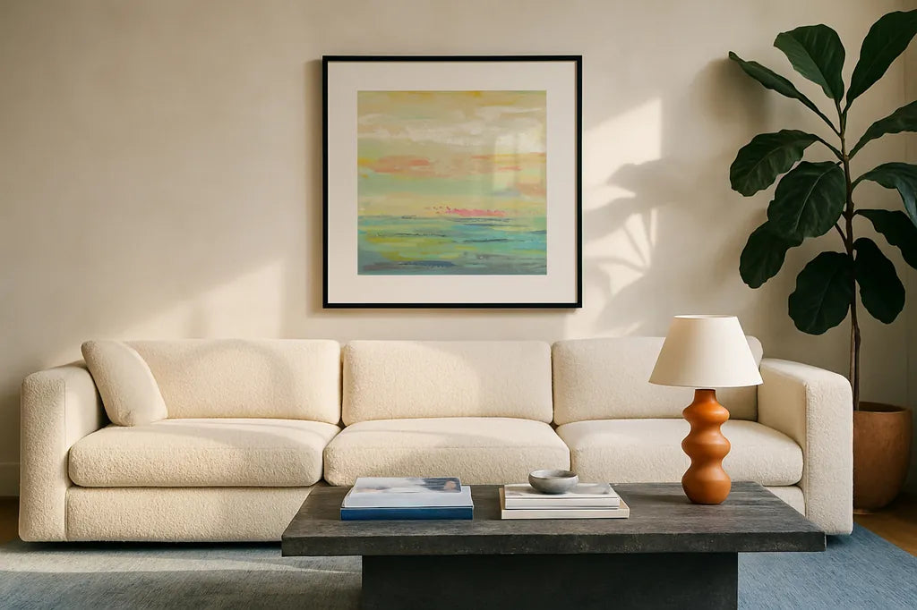 Pink Clouds II by Silvia Vassileva. Displayed in a glass frame with matte in a clean modern living room. Available as an archival giclee rolled canvas, fine art paper, or poster print. SKU 50285a.