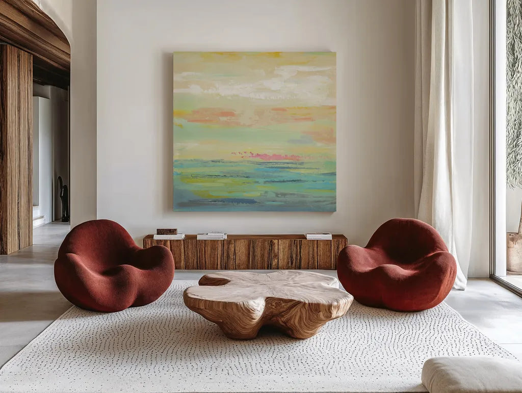 Pink Clouds II by Silvia Vassileva. Shown as extra-large giant wall art in a modern living room. Available as an archival giclee rolled canvas, fine art paper, or poster print. SKU 50285a.