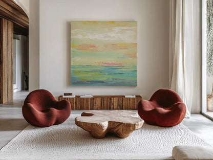 Pink Clouds II by Silvia Vassileva. Shown as extra-large giant wall art in a modern living room. Available as an archival giclee rolled canvas, fine art paper, or poster print. SKU 50285a.