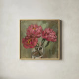 Pink Peonies by Silvia Vassileva. Shown in a natural wood glass frame for a timeless modern aesthetic. Available as an archival giclee rolled canvas, fine art paper, or poster print. SKU 103205a.