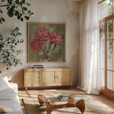 Pink Peonies by Silvia Vassileva. Shown in a natural wood frame in a cozy modern living room. Available as an archival giclee rolled canvas, fine art paper, or poster print. SKU 103205a.