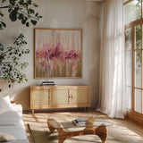 Pink Reflections by Silvia Vassileva. Shown in a natural wood frame in a cozy modern living room. Available as an archival giclee rolled canvas, fine art paper, or poster print. SKU 37339a.