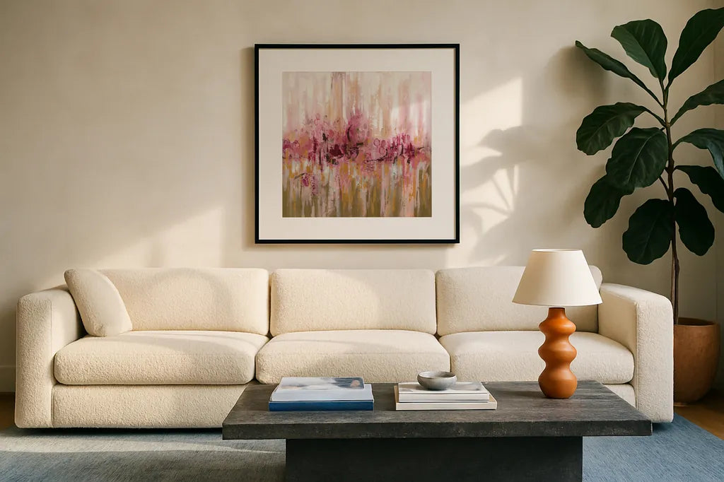 Pink Reflections by Silvia Vassileva. Displayed in a glass frame with matte in a clean modern living room. Available as an archival giclee rolled canvas, fine art paper, or poster print. SKU 37339a.