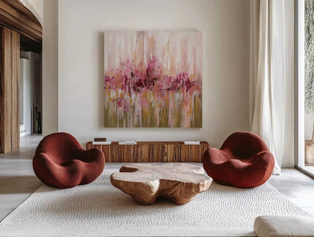 Pink Reflections by Silvia Vassileva. Shown as extra-large giant wall art in a modern living room. Available as an archival giclee rolled canvas, fine art paper, or poster print. SKU 37339a.