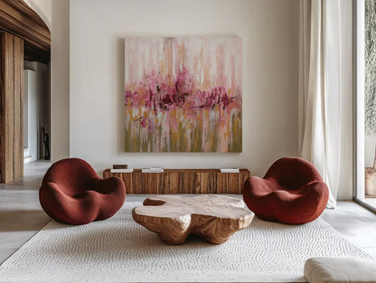 Pink Reflections by Silvia Vassileva. Shown as extra-large giant wall art in a modern living room. Available as an archival giclee rolled canvas, fine art paper, or poster print. SKU 37339a.