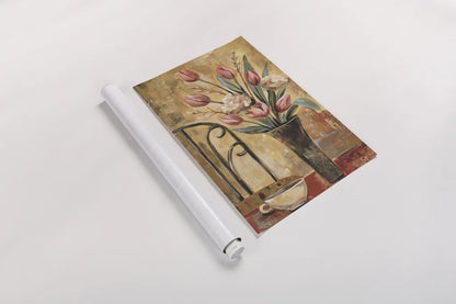 Pink Tulips and Ivory Cup Crop by Silvia Vassileva. shown as a rolled paper print. Available as archival giclee rolled canvas, fine art paper, or poster print. SKU 9550h.