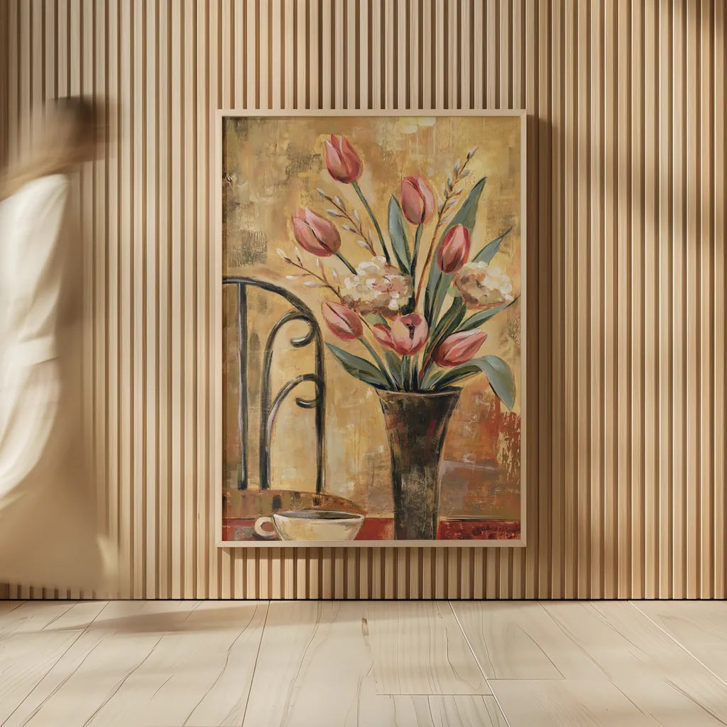 Pink Tulips and Ivory Cup Crop by Silvia Vassileva. shown as over sized large wall art. Available as an archival giclee rolled canvas, fine art paper, or poster print. SKU 9550h.