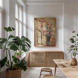 Pink Tulips and Ivory Cup Crop by Silvia Vassileva. shown as a print in a natural wood frame in a dining room. Available as a archival giclee rolled canvas, fine art paper, or poster print. SKU 9550h.