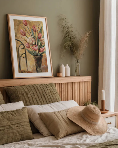 Pink Tulips and Ivory Cup Crop by Silvia Vassileva. shown as a paper print in a natural frame. Available as a archival giclee rolled canvas, fine art paper, or poster print. SKU 9550h.