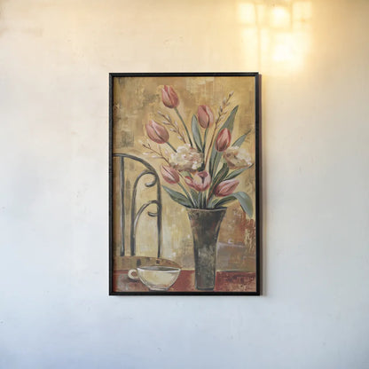 Pink Tulips and Ivory Cup Crop by Silvia Vassileva. shown as a paper print in a black flame. Available as a archival giclee rolled canvas, fine art paper, or poster print. SKU 9550h.