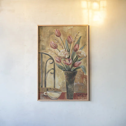 Pink Tulips and Ivory Cup Crop by Silvia Vassileva. shown as a paper print in a natural frame. Available as a archival giclee rolled canvas, fine art paper, or poster print. SKU 9550h.