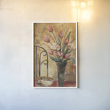 Pink Tulips and Ivory Cup Crop by Silvia Vassileva. shown as a paper print in a white frame. Available as a archival giclee rolled canvas, fine art paper, or poster print. SKU 9550h.