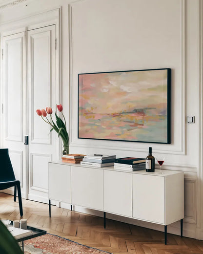 Pink Waves by Silvia Vassileva. shown as a framed stretched canvas in a living room above a console. Available as a archival giclee rolled canvas, fine art paper, or poster print. SKU 37338i.