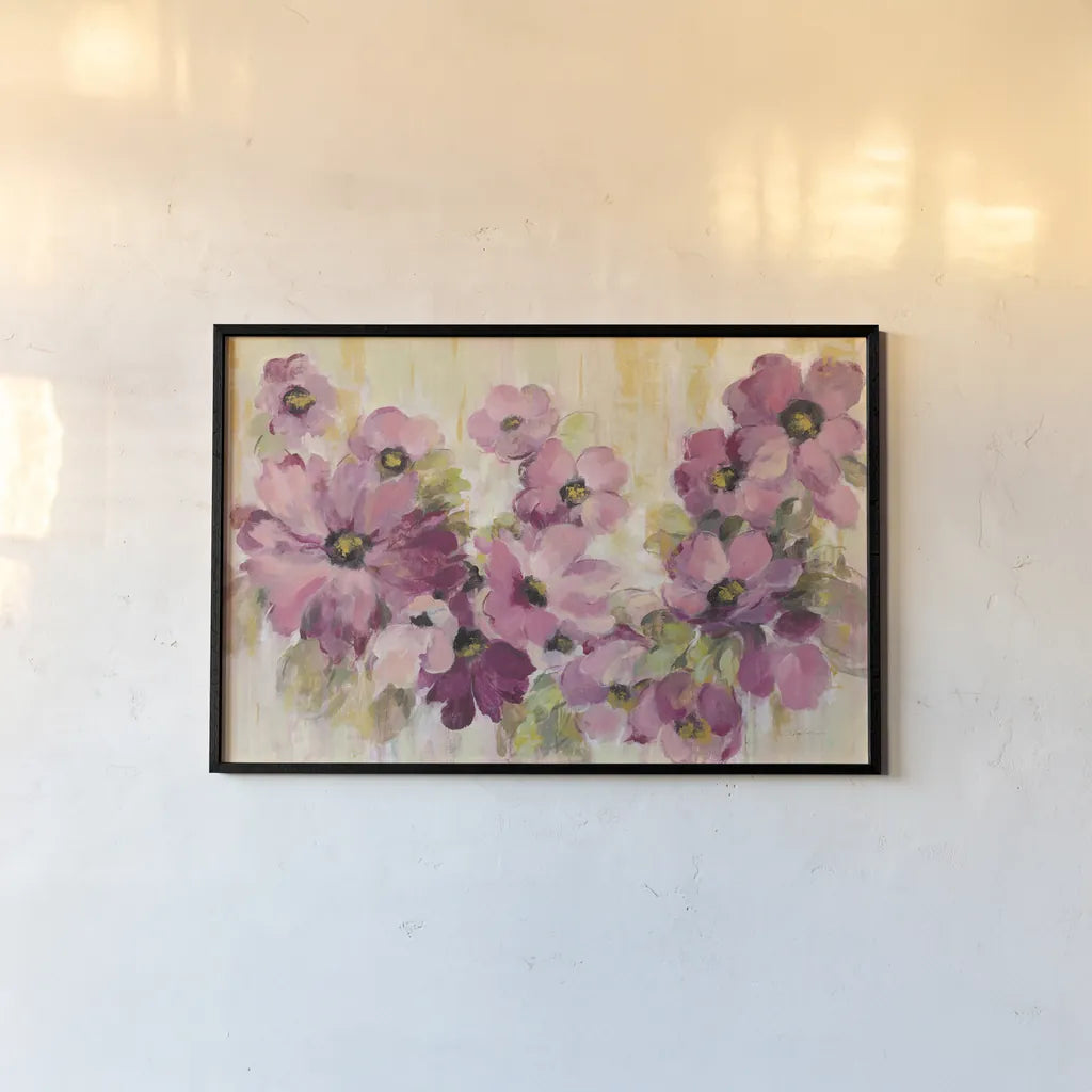 Pink and Green Bloom by Silvia Vassileva. shown as a paper print in a black flame. Available as a archival giclee rolled canvas, fine art paper, or poster print. SKU 62962i.