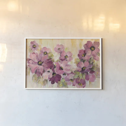 Pink and Green Bloom by Silvia Vassileva. shown as a paper print in a white frame. Available as a archival giclee rolled canvas, fine art paper, or poster print. SKU 62962i.