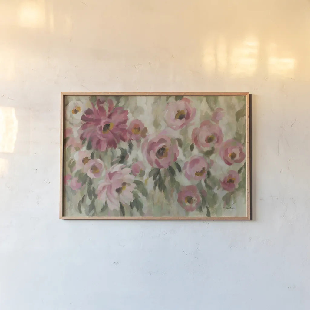 Pink and Sage Garden by Silvia Vassileva. shown as a paper print in a natural frame. Available as a archival giclee rolled canvas, fine art paper, or poster print. SKU 95706i.