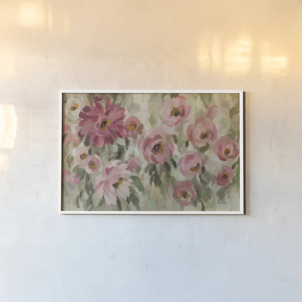 Pink and Sage Garden by Silvia Vassileva. shown as a paper print in a white frame. Available as a archival giclee rolled canvas, fine art paper, or poster print. SKU 95706i.