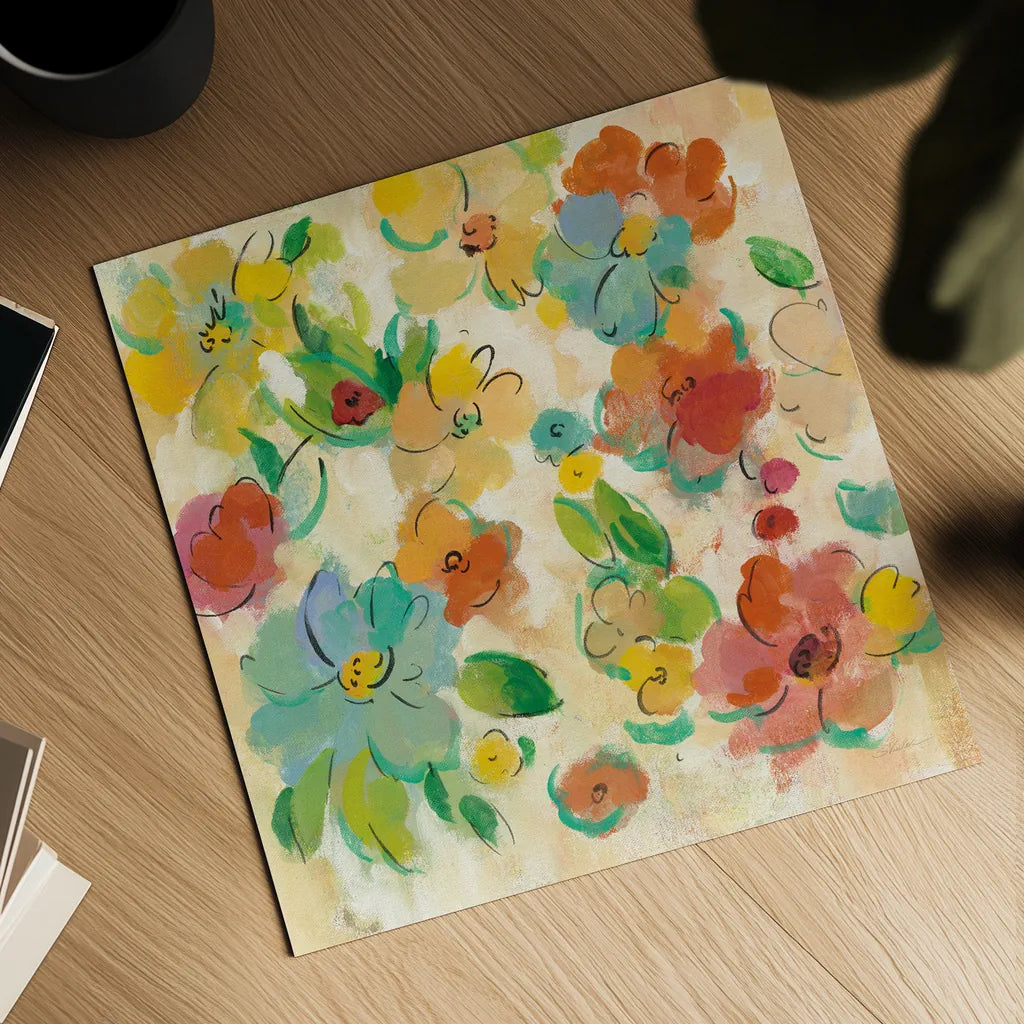 Playful Floral Trio II by Silvia Vassileva. Shown as a detailed flat fine art print, highlighting archival giclee quality. Available as an archival giclee rolled canvas, fine art paper, or poster print. SKU 46653a.