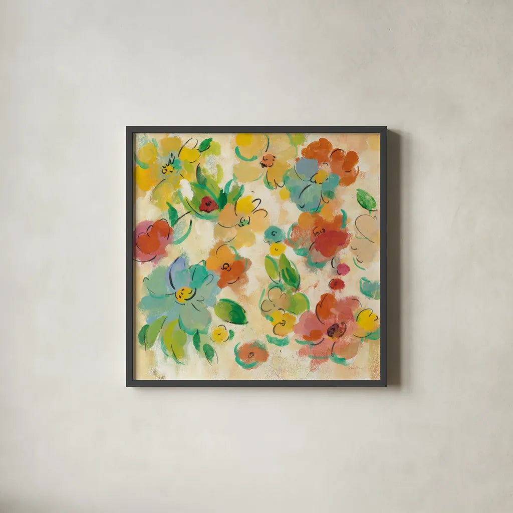 Playful Floral Trio II by Silvia Vassileva. Shown in a sleek black glass frame for a contemporary gallery look. Available as an archival giclee rolled canvas, fine art paper, or poster print. SKU 46653a.