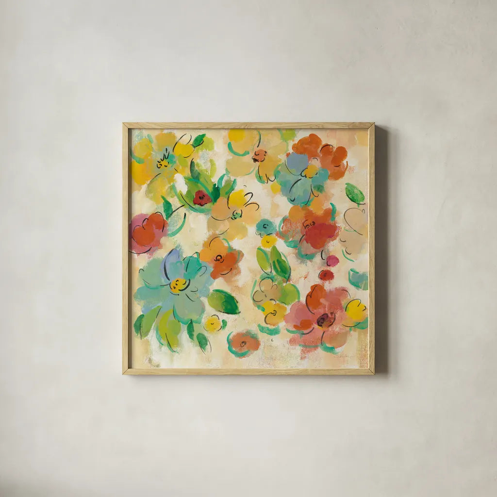 Playful Floral Trio II by Silvia Vassileva. Shown in a natural wood glass frame for a timeless modern aesthetic. Available as an archival giclee rolled canvas, fine art paper, or poster print. SKU 46653a.