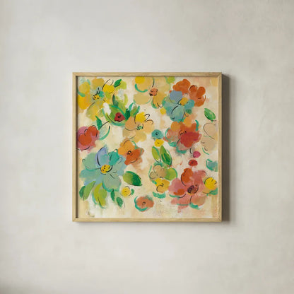 Playful Floral Trio II by Silvia Vassileva. Shown in a natural wood glass frame for a timeless modern aesthetic. Available as an archival giclee rolled canvas, fine art paper, or poster print. SKU 46653a.