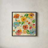 Playful Floral Trio III by Silvia Vassileva. Shown in a sleek black glass frame for a contemporary gallery look. Available as an archival giclee rolled canvas, fine art paper, or poster print. SKU 46654a.