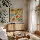 Playful Floral Trio III by Silvia Vassileva. Shown in a natural wood frame in a cozy modern living room. Available as an archival giclee rolled canvas, fine art paper, or poster print. SKU 46654a.