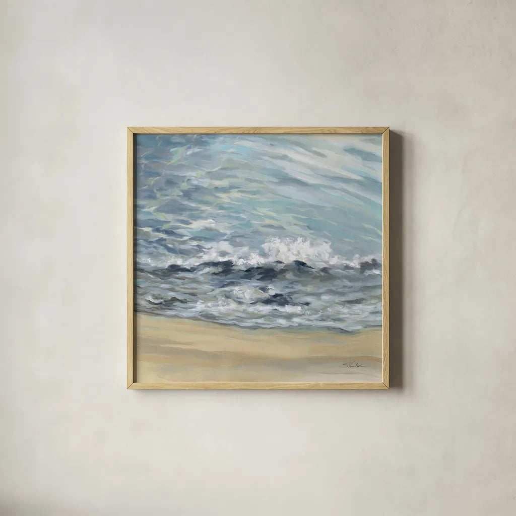 Playful Wave by Silvia Vassileva. Shown in a natural wood glass frame for a timeless modern aesthetic. Available as an archival giclee rolled canvas, fine art paper, or poster print. SKU 72294a.