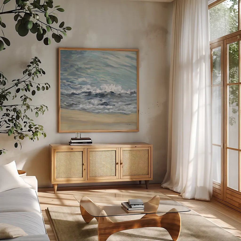 Playful Wave by Silvia Vassileva. Shown in a natural wood frame in a cozy modern living room. Available as an archival giclee rolled canvas, fine art paper, or poster print. SKU 72294a.