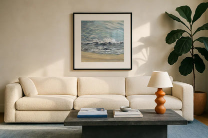 Playful Wave by Silvia Vassileva. Displayed in a glass frame with matte in a clean modern living room. Available as an archival giclee rolled canvas, fine art paper, or poster print. SKU 72294a.